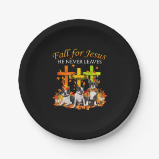 Fall for Jesus, he never leaves dog Paper Plates