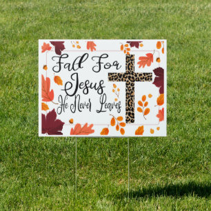 Fall for Jesus he never leaves - Leopard Cross Sign