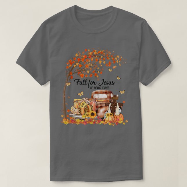 Fall For Jesus He Never Leaves Plaid Truck Pumpkin T-Shirt (Design Front)