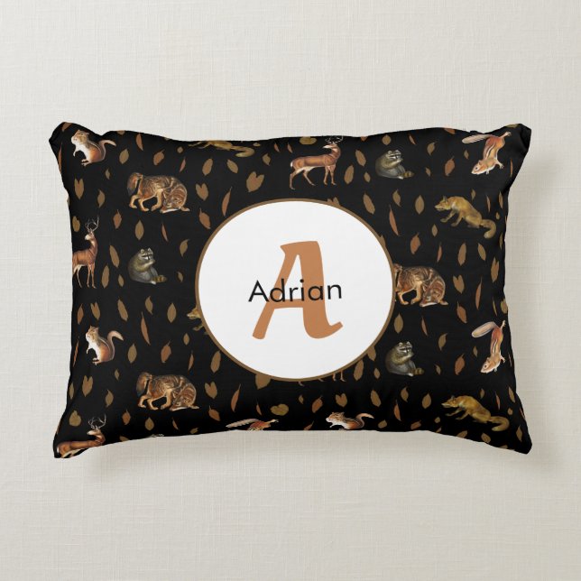 Fall Forest Animals Autumn Leaves Monogram Accent Pillow (Front)