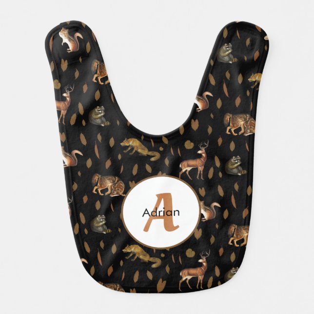 Fall Forest Animals Autumn Leaves Monogram Baby Bib (Front)