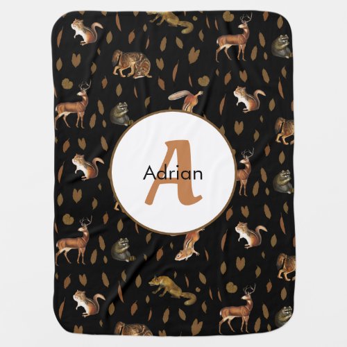 Fall Forest Animals Autumn Leaves Monogram Baby Blanket