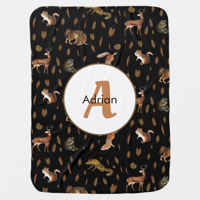 Fall Forest Animals Autumn Leaves Monogram Baby Blanket (Front)