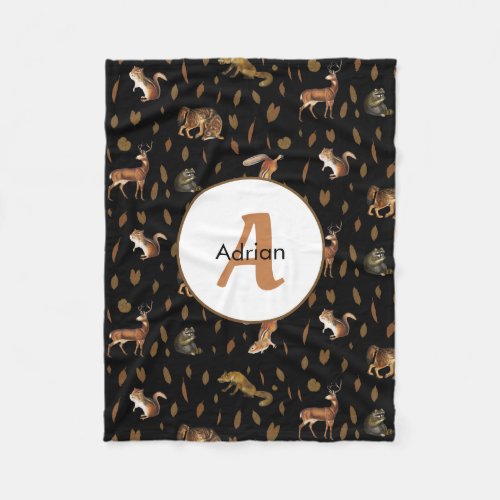 Fall Forest Animals Autumn Leaves Monogram Fleece Blanket