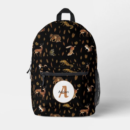 Fall Forest Animals Autumn Leaves Monogram  Printed Backpack