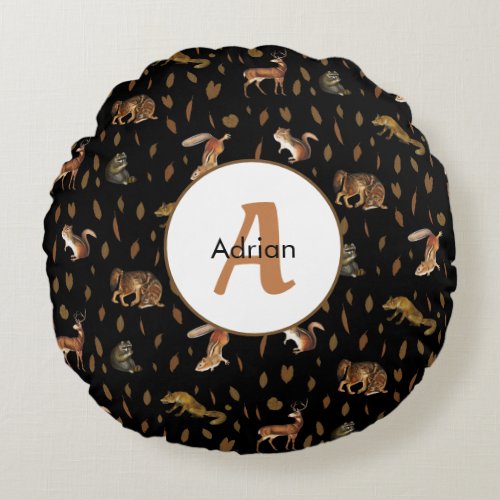 Fall Forest Animals Autumn Leaves Monogram Round Pillow