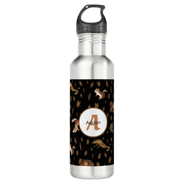 Fall Forest Animals Autumn Leaves Monogram School Stainless Steel Water Bottle (Front)