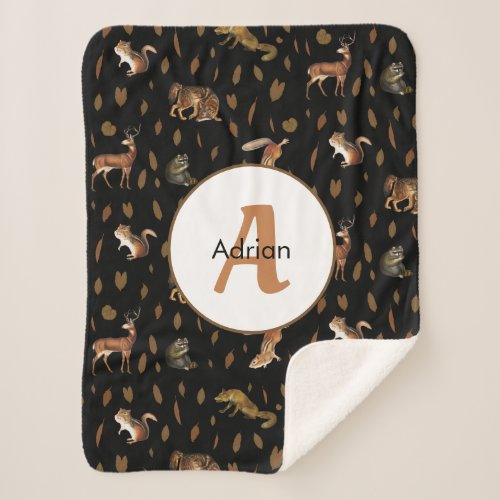 Fall Forest Animals Autumn Leaves Monogram Sherpa Blanket