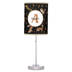 Fall Forest Animals Autumn Leaves Monogram Table Lamp