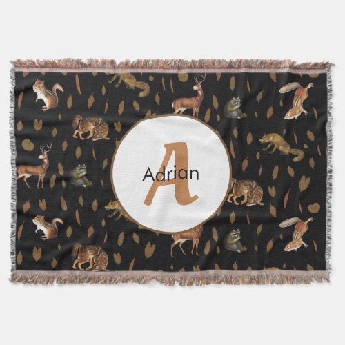 Fall Forest Animals Autumn Leaves Monogram Throw Blanket