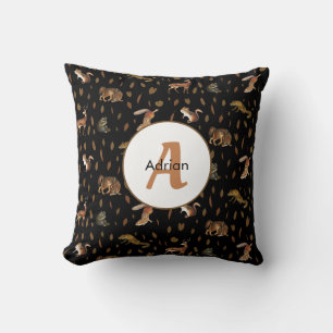 Fall Forest Animals Autumn Leaves Monogram Throw Pillow