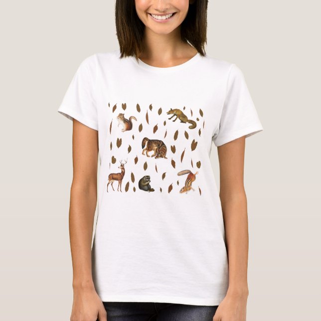 Fall Forest Animals Autumn Leaves T-Shirt (Front)