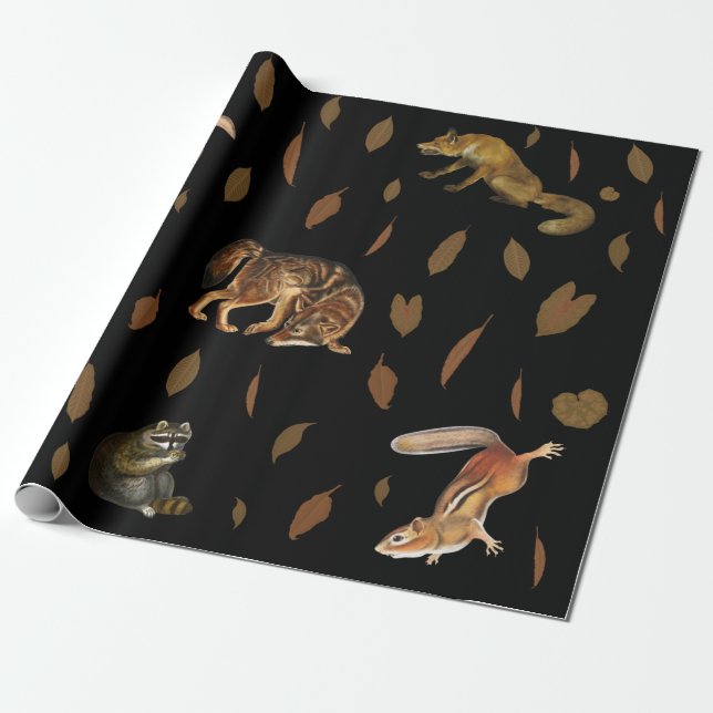 Fall Forest Animals Autumn Leaves Wrapping Paper (Unrolled)