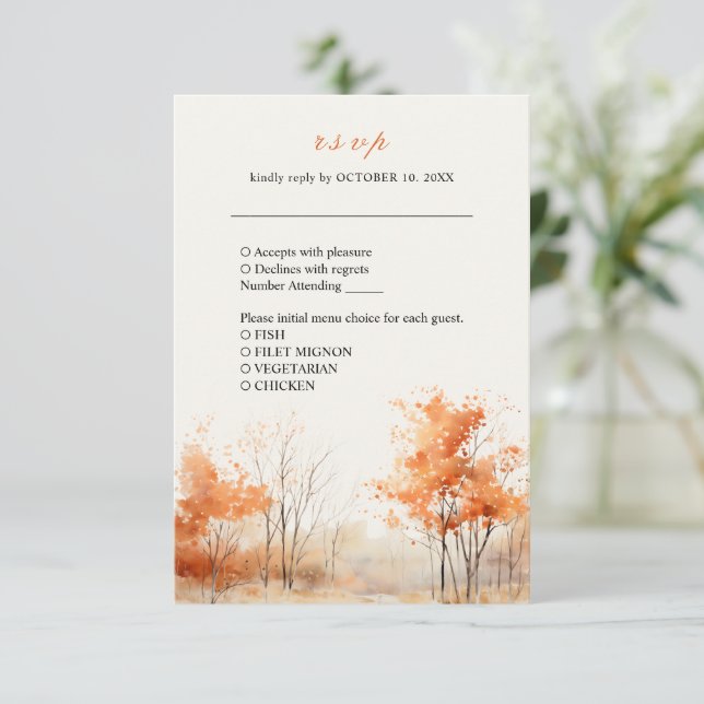 Fall Forest Autumn Woodland Wedding RSVP Card (Standing Front)
