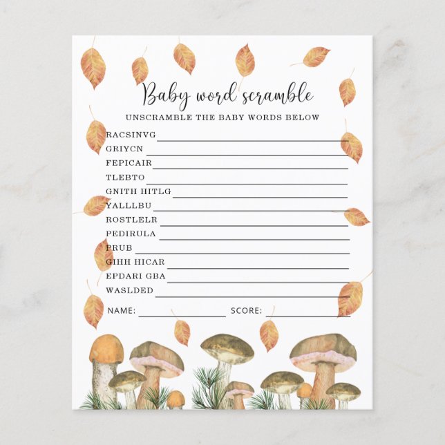 Fall forest - Baby Word Scramble, Baby Shower Game (Front)