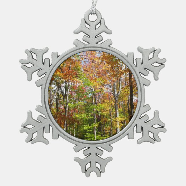 Fall Forest II Autumn Landscape Photography Snowflake Pewter Christmas Ornament (Front)