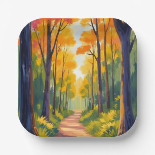 Fall Forest Path Autumn Foliage Watercolor Paper Plates