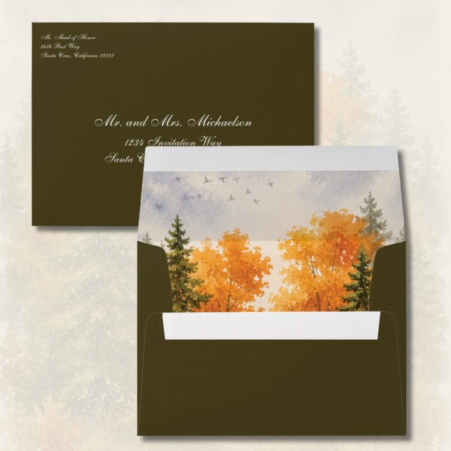 Fall Forest Pine Trees Watercolor Wedding Envelope (Fall Forest Pine Trees In Dark Brown - Watercolor)