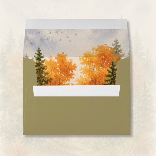 Fall Forest Pine Trees Watercolor Wedding Envelope (Fall Forest Pine Trees and Autumn Leaves - Watercolor )