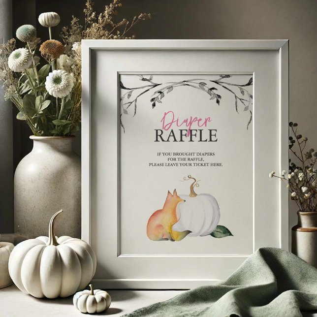 Fall Fox and Pumpkin Diaper Raffle Baby Shower Poster (Baby shower posters fall theme watercolor fox and pumpkin by Victoria Grigaliunas of Do Tell A Belle)