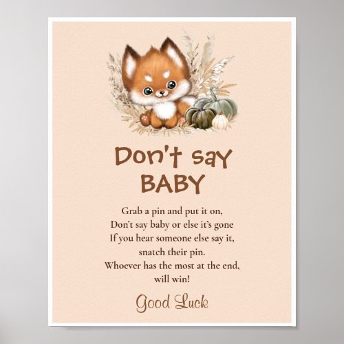 Fall Fox Baby Shower Dont Say Baby Game Sign
