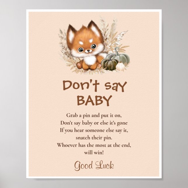 Fall Fox Baby Shower Don't Say Baby Game Sign (Front)