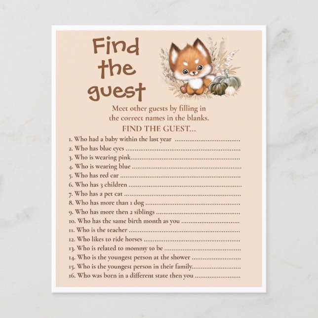 Fall Fox Beige Find The Guest Baby Shower Game (Front)