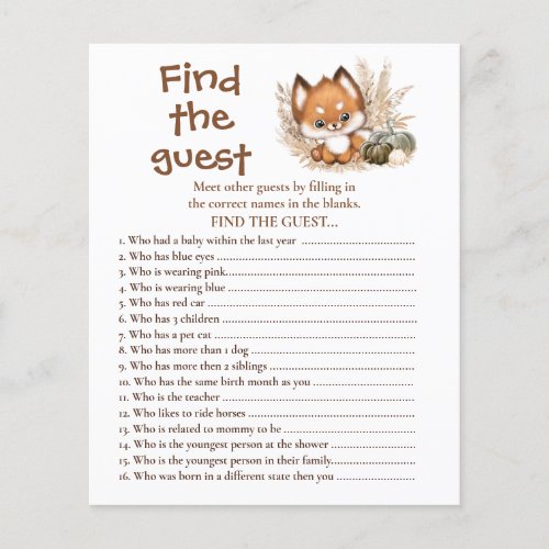Fall Fox Pumpkins Find The Guest Baby Shower Game