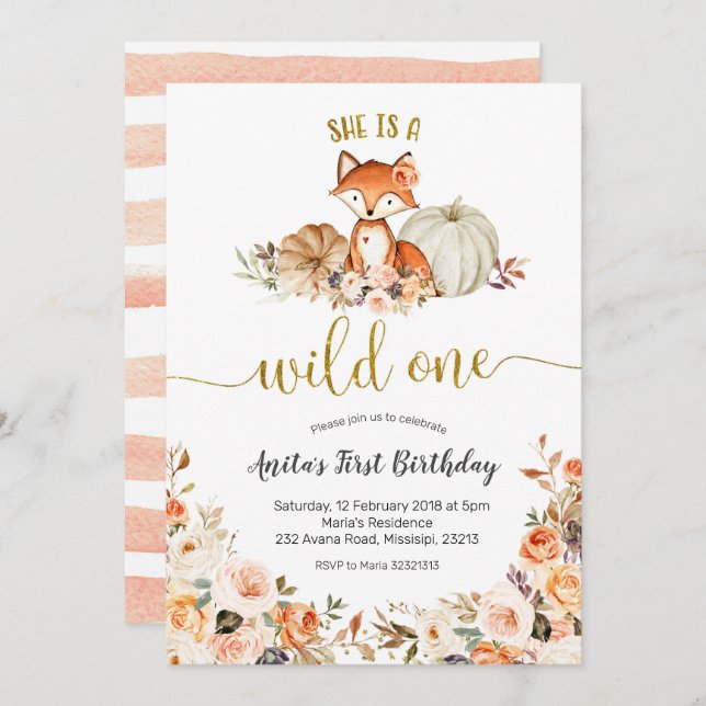 Fall Fox She is a Wild One Birthday Invitation (Front/Back)