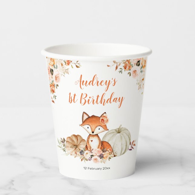 Fall Fox She is a Wild One Birthday Paper Cups (Front)