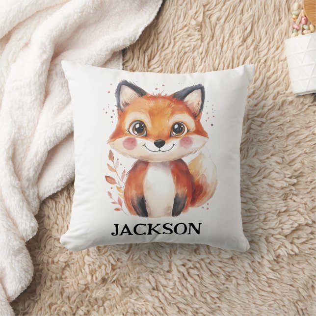 Fall Fox Watercolor Animal Autumn Cute Kids Name Throw Pillow (Blanket)