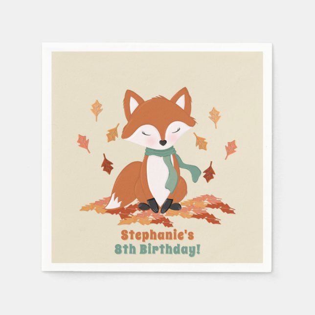Fall Fox Woodland Birthday Napkins (Front)