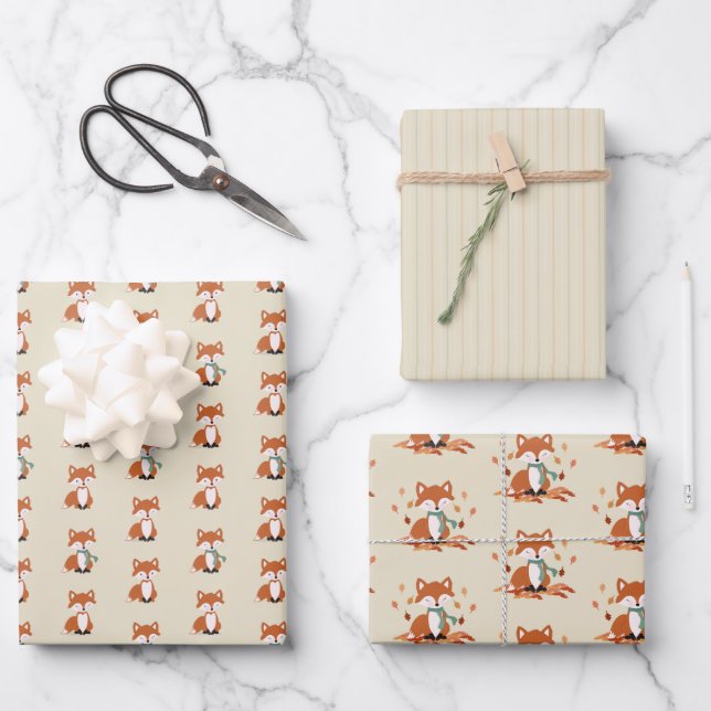 Fall Fox Woodland Birthday Wrapping Paper Sheets (Front)