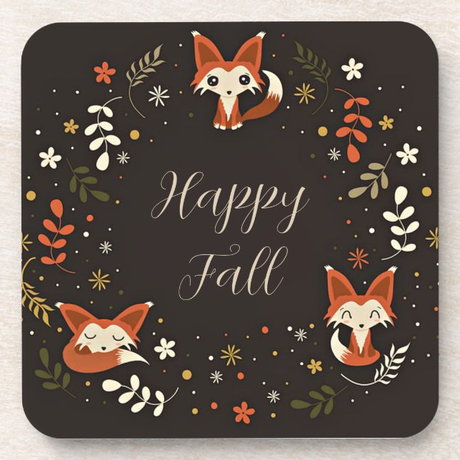 Fall Foxes with customizable text  Beverage Coaster (Front)