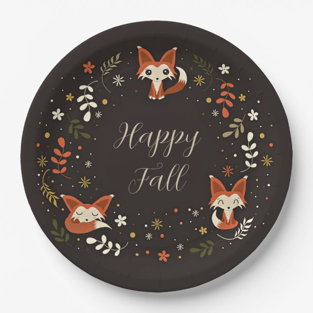 Fall Foxes with customizable text Paper Plates (Front)