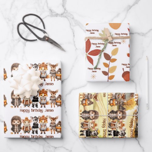 Fall Friends Cute Forest Animals Name Personalized Wrapping Paper Sheets