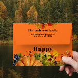 Fall Fruits Flowers And Foliage Happy Thanksgiving Envelope<br><div class="desc">Personalized Thanksgiving envelope design featuring seasonal fall fruits,  flowers and foliage on an orange colored background. The text is fully customizable. To change it use the Personalize option. For more changes,  such as changes to the font,  font color or text layout,  use the Edit design tool option.</div>