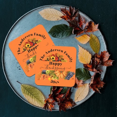 Fall Fruits Flowers And Foliage Happy Thanksgiving Square Paper Coaster