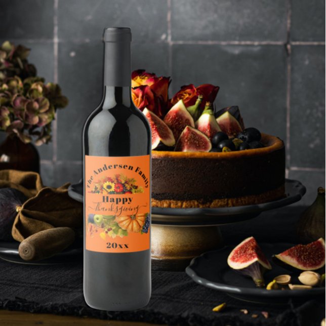 Fall Fruits Flowers And Foliage Happy Thanksgiving Wine Label (Creator Uploaded)