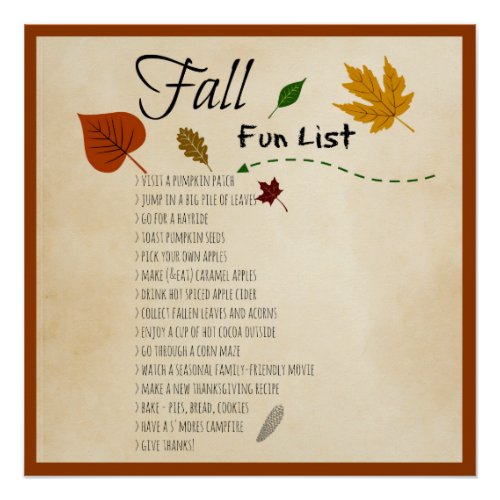 Fall Fun List Seasonal Autumn Harvest Activities Poster