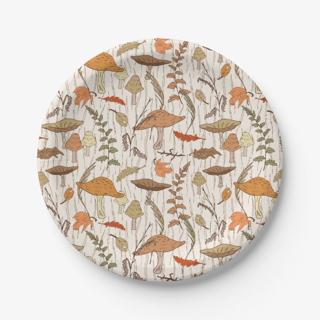 Fall Fungi and Leaves - seamless pattern. Paper Plates (Front)