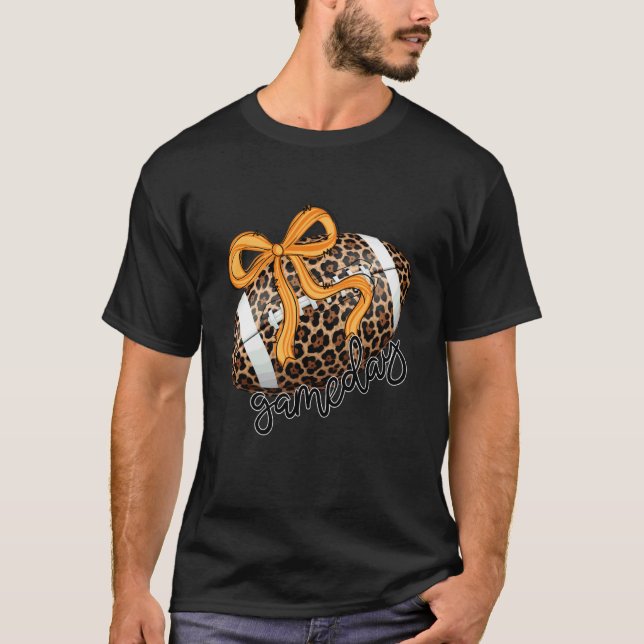 Fall Game Day Leopard Football Coquette Bow Touchd T-Shirt (Front)