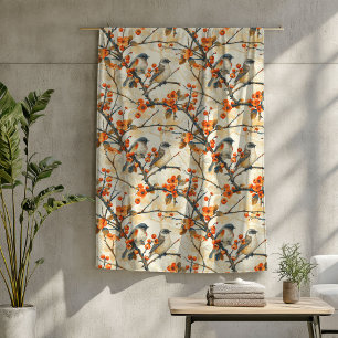 Fall Garden Birds and Blossoms Orange Brown Copper Fleece Blanket