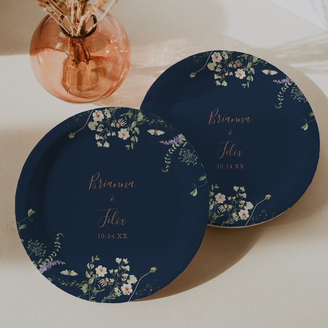 Fall Garden Wildflower Minimalist Wedding Cake Paper Plates (Creator Uploaded)