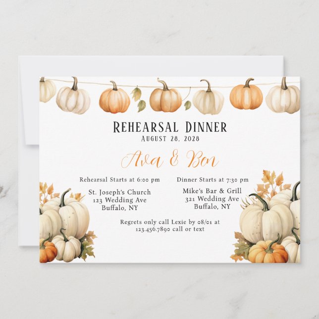 Fall Garland Pumpkin Wedding Rehearsal Dinner Invitation (Front)