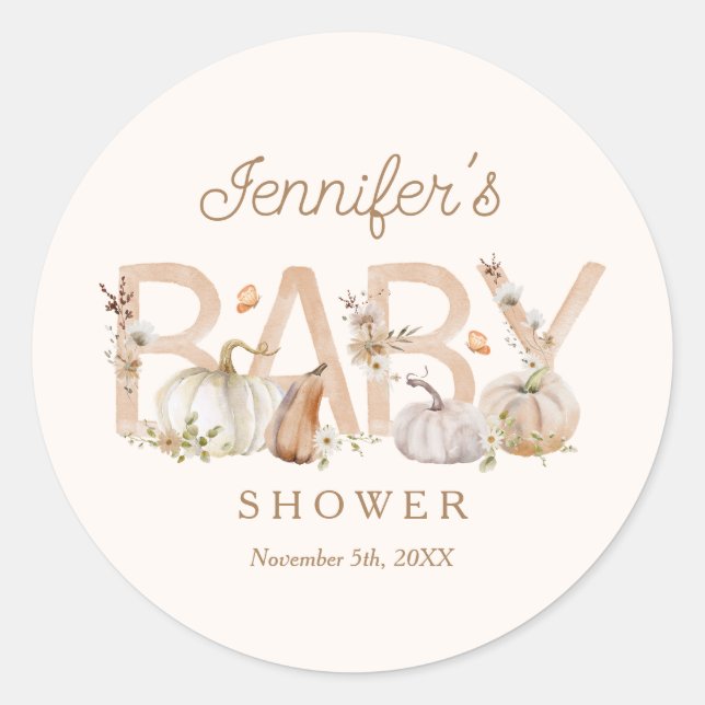 Fall Gender Neutral Pumpkin Baby Shower Classic Round Sticker (Front)