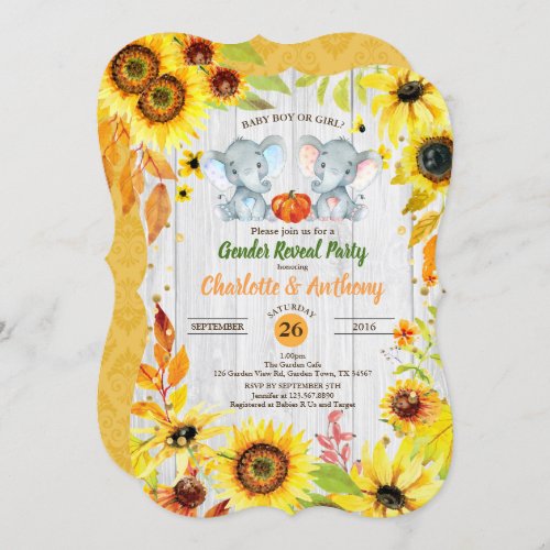 Fall gender reveal invitation sunflower elephant