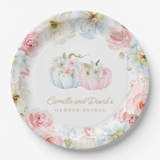 Fall Gender Reveal Pink and Blue Pumpkins Paper Plates (Front)