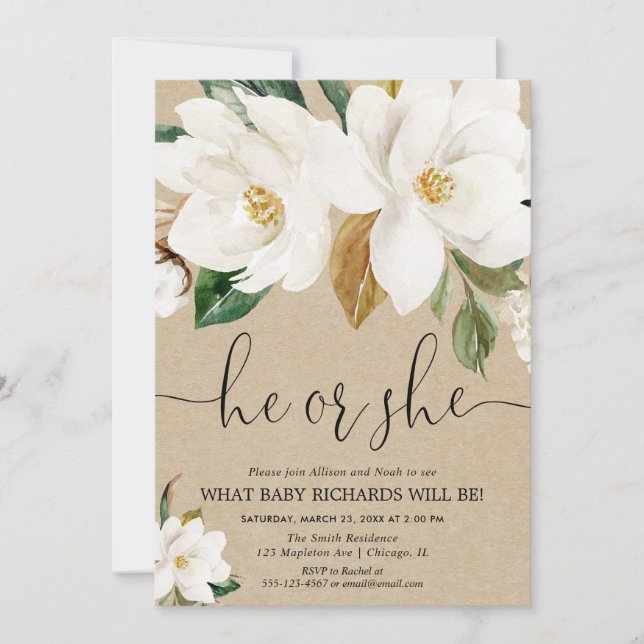 Fall gender reveal, rustic kraft white floral invitation (Front)