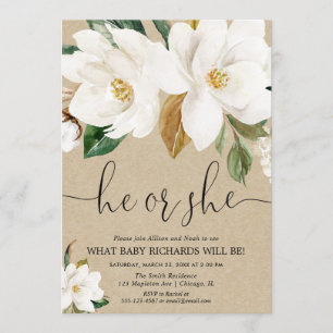 Fall gender reveal, rustic kraft white floral invitation